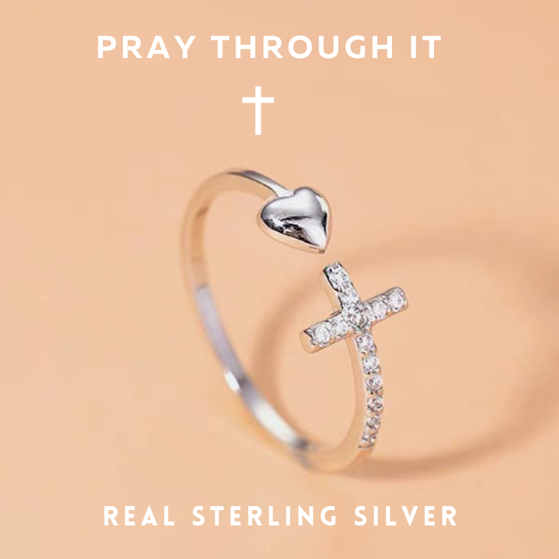 PRAY THROUGH IT CROSS & HEART ADJUSTABLE RING-S925š