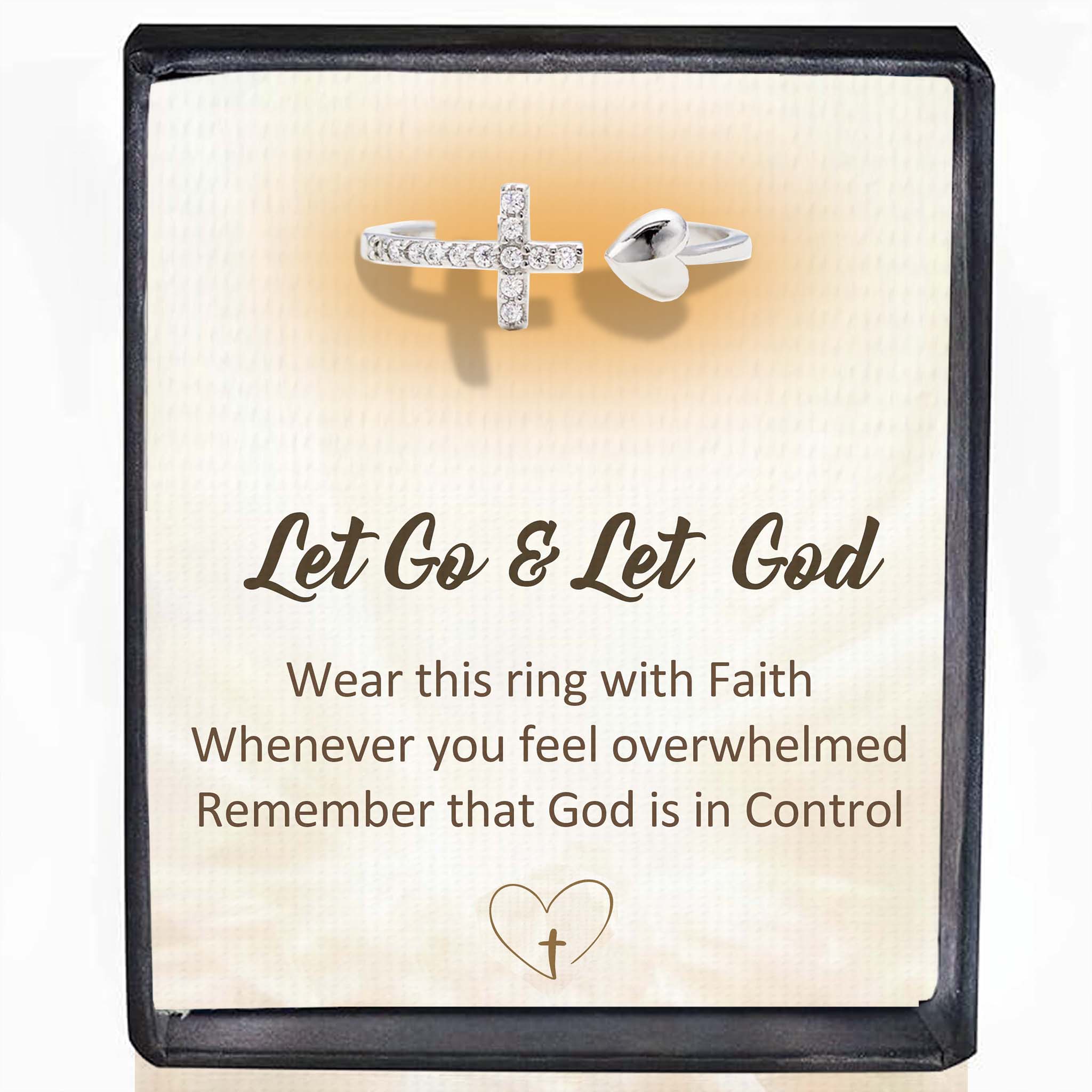 Let Go & Let God CROSS & HEART ADJUSTABLE RING-S925