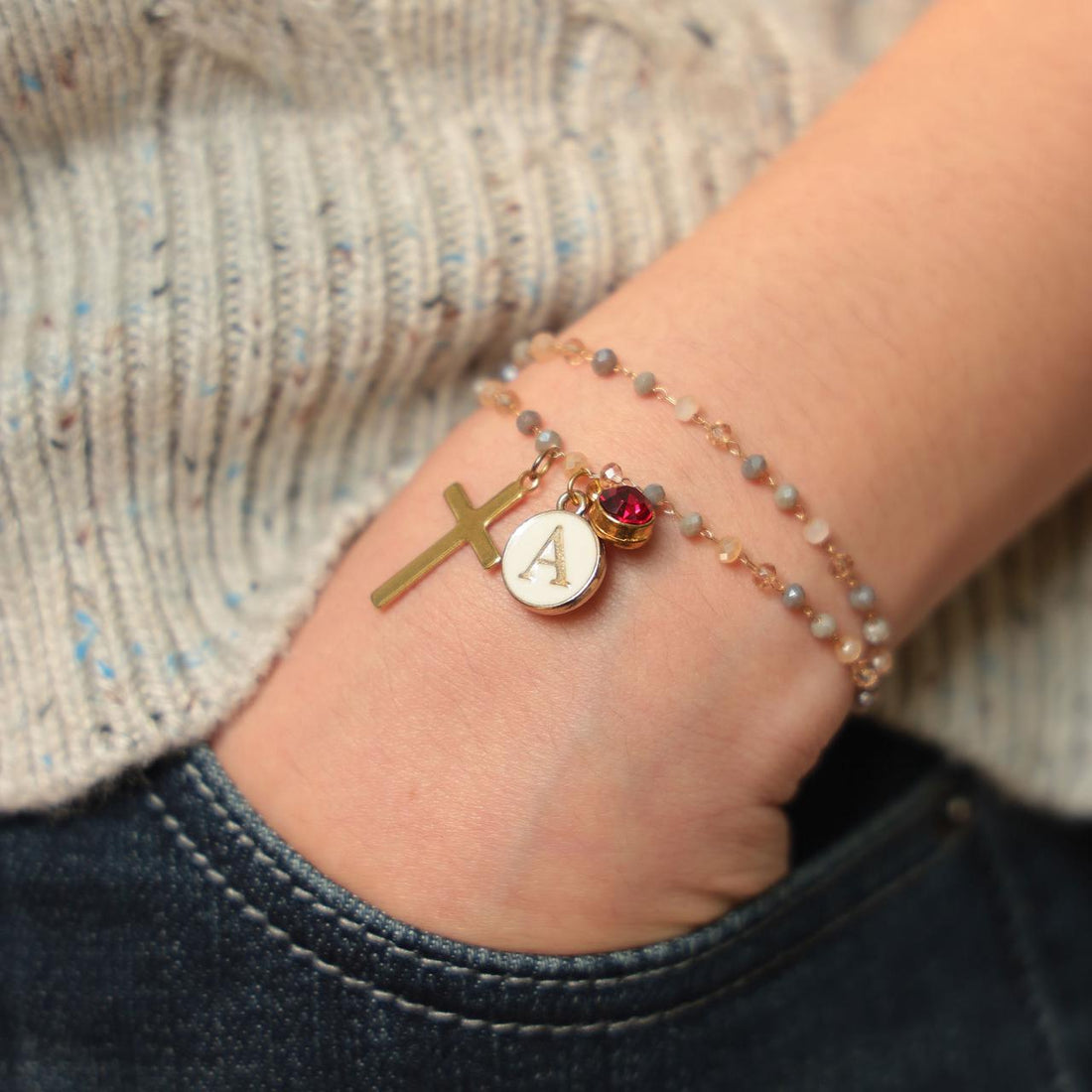 Custom Initial Birthstone Cross Grey Moonstone Bracelet