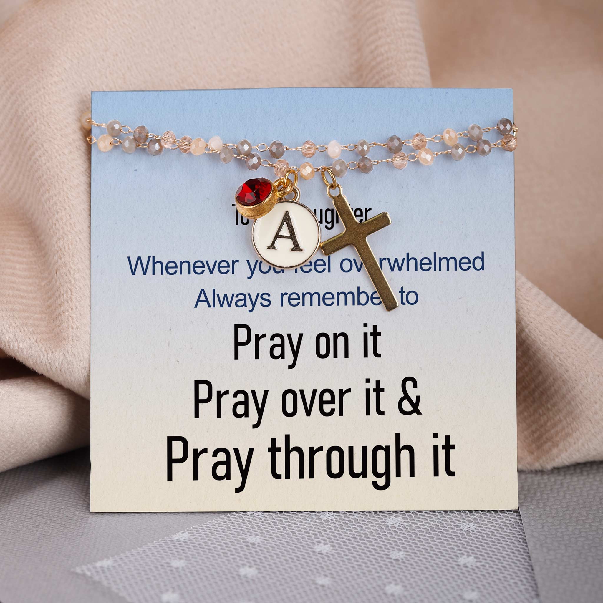 Custom Initial Birthstone Cross Grey Moonstone Bracelet