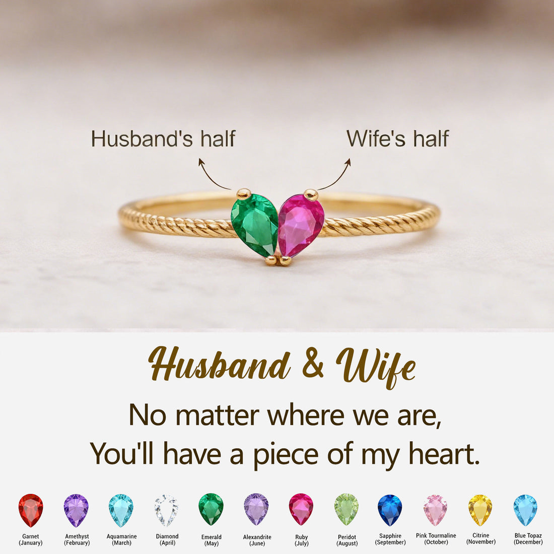 Husband & Wife Tiny Heart Birthstone Ring