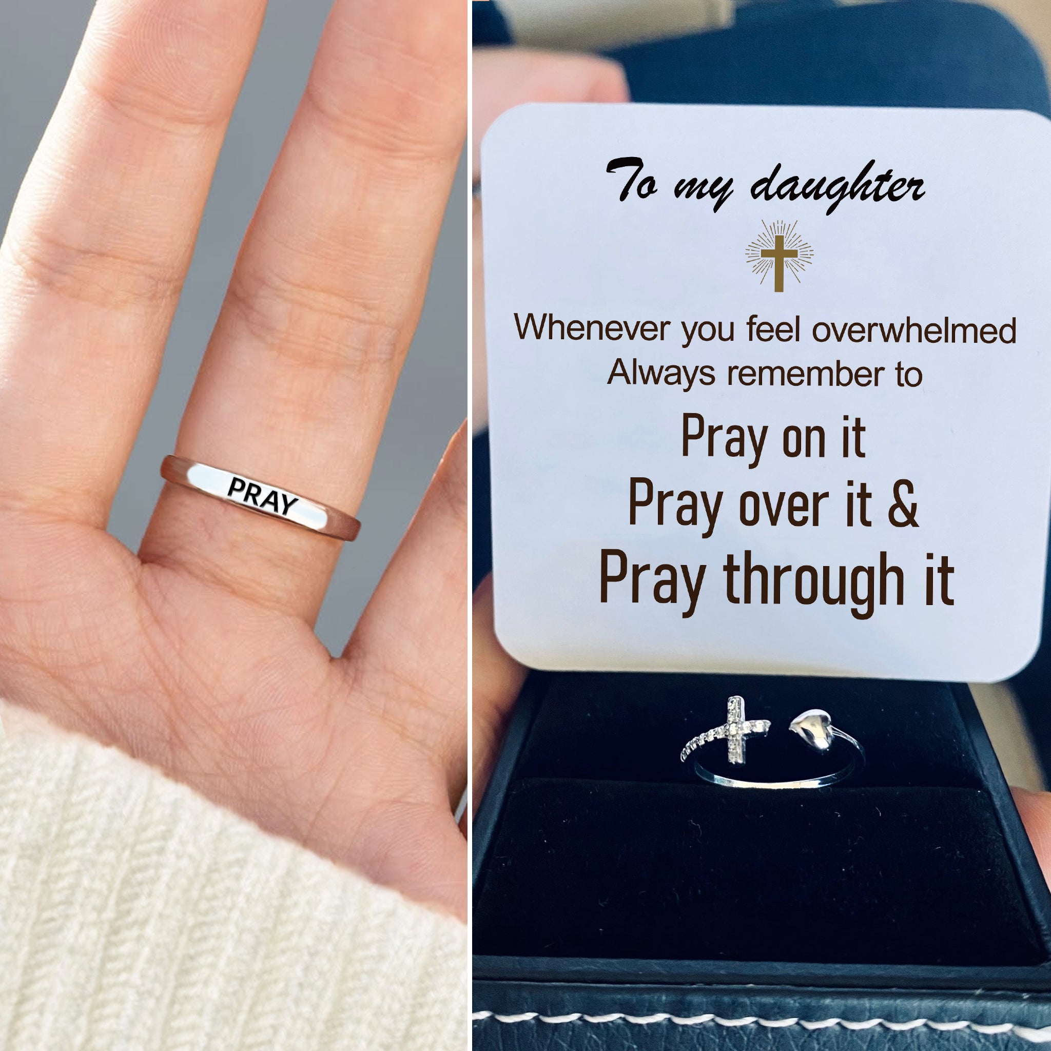 Pray On It CROSS & HEART ADJUSTABLE RING-S925