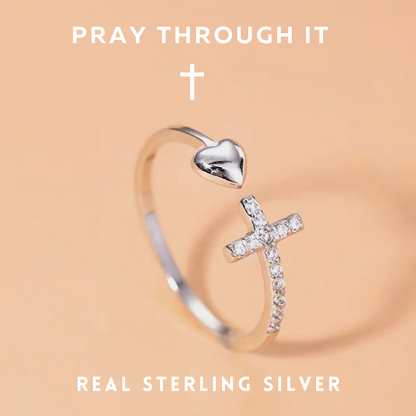 PRAY THROUGH IT CROSS & HEART ADJUSTABLE RING-S925💍